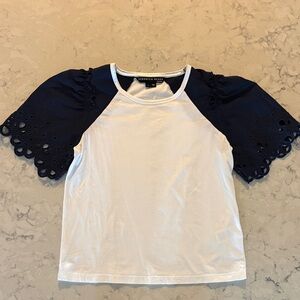 Veronica Beard White Top with Navy Eyelet Sleeves